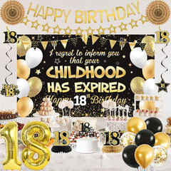 18th Birthday Decorations Boys Girls, Black Gold Happy 18th Birthday Banner Sash