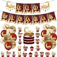 Eid Mubarak Flag, Banner Balloon Cake Topper Ramadan Party Decoration