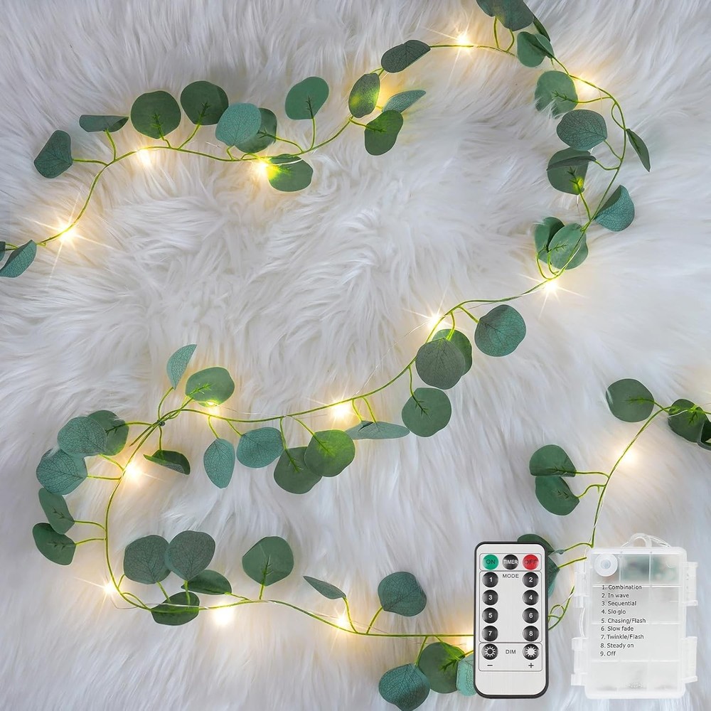 Vines with Lights Battery Operated, 33ft 100 LED Eucalyptus Garland String