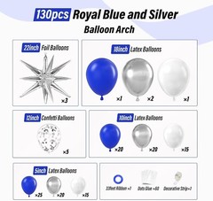 130Pcs Royal Blue and Silver Balloon Arch Garland Kit, Royal Blue White Silver