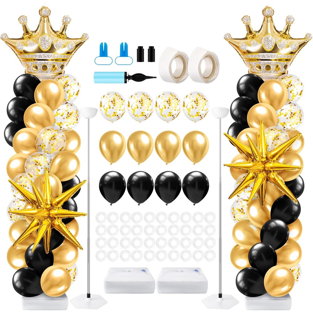 2 Sets Black and Gold Balloon Column Stand Kit with 2 Crown Foil Balloons Bla…