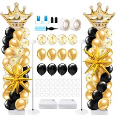 2 Sets Black and Gold Balloon Column Stand Kit with 2 Crown Foil Balloons Bla…