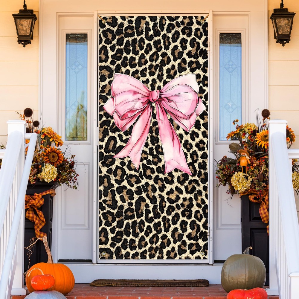 Coquette Pink Bow Leopard Print Door Cover, Trendy Cheetah Print Decoration D…