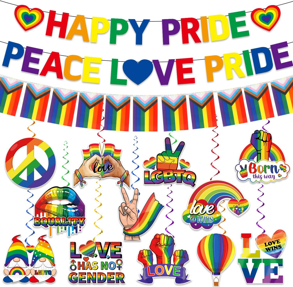 Pride Decorations, Rainbow LGBTQ Decorations include Happy Pride Banner Peace Lo