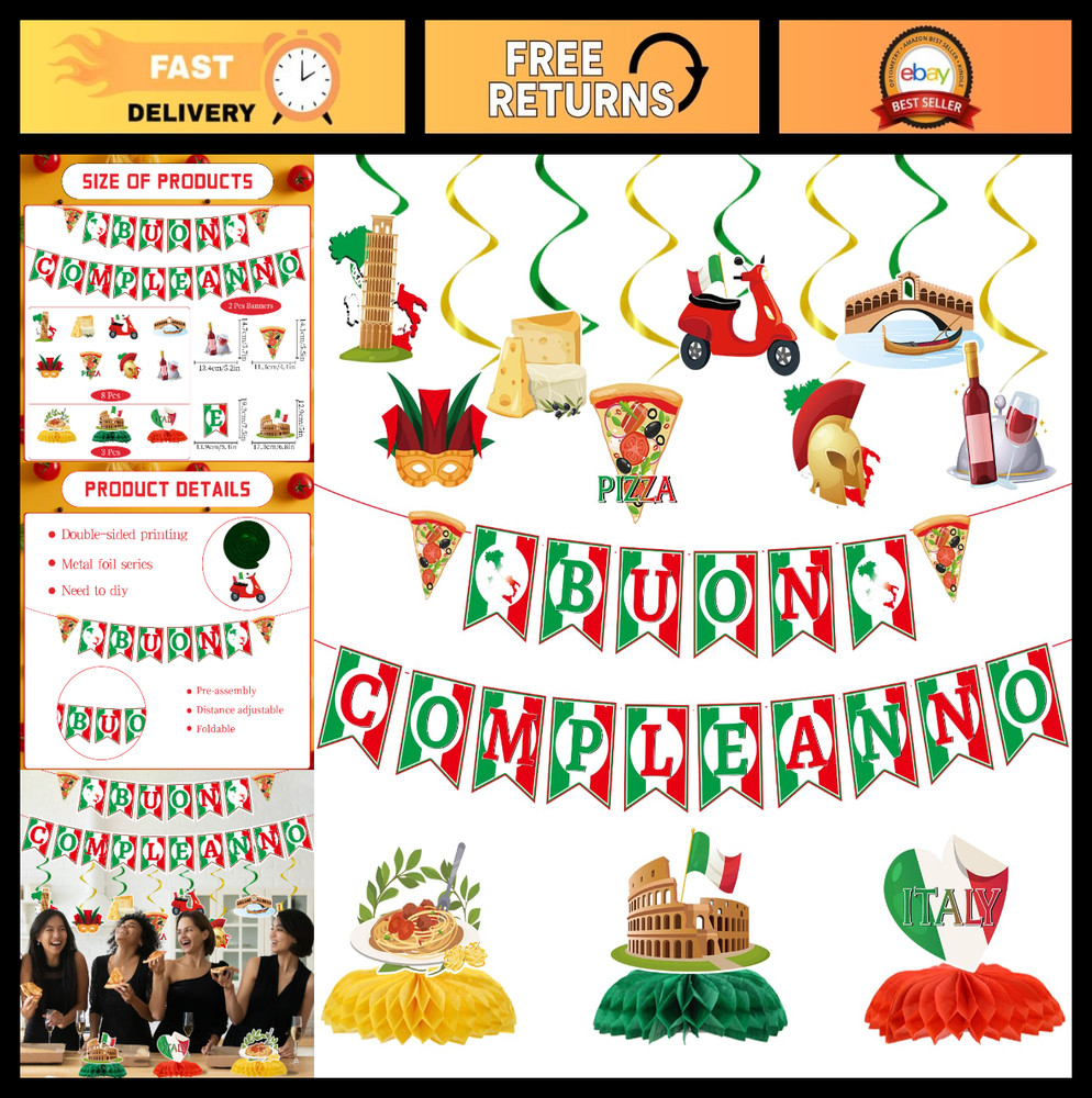Italian Pizza Party Decorations – 13 Pcs Italy Theme Birthday Set, Buon Complean