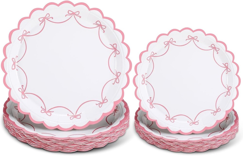 25 Place Setting Pink and White Scalloped Disposable Tableware Paper Plates