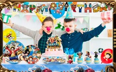 112 Pcs One Piece Party Decorations and Tableware Set Backdrop Plates Banner