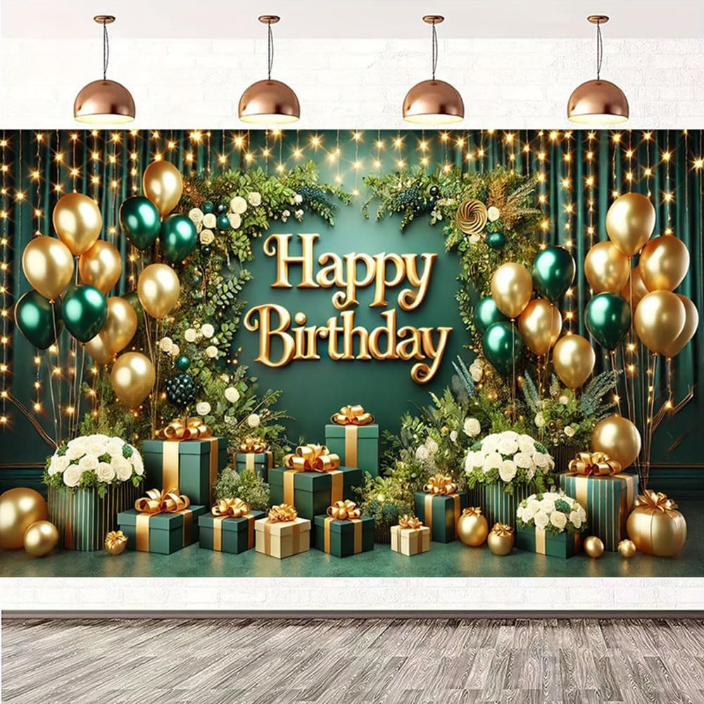 Green Gold Happy Birthday Background Banner 71×43 Inch Glitter Balloon Green Lea