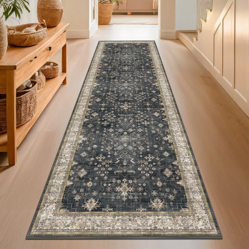 Dark Washable Long Runners for Hallways, 2’6″ x 8′ (Runner), Ashen / Multi