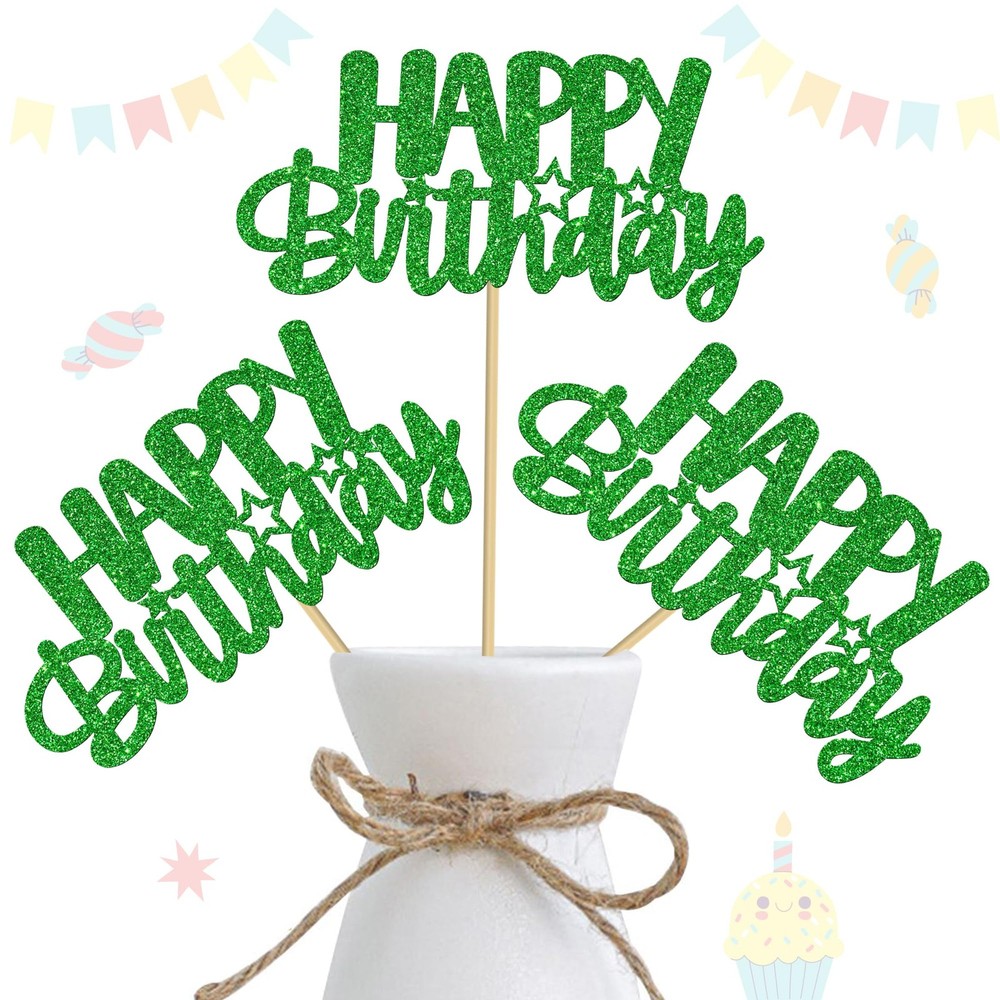 Happy Birthday Centerpiece Sticks Green Glitter Table Toppers Sign 12 PCS