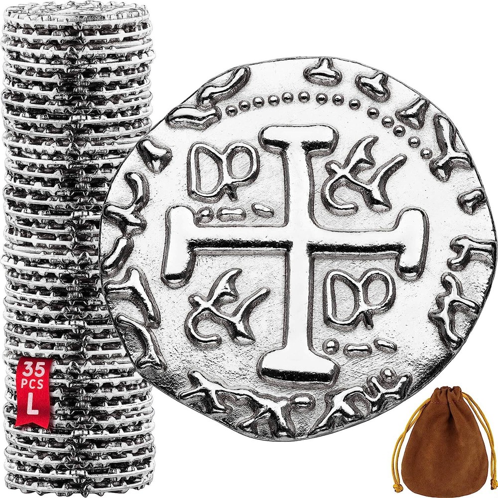 Silver Metal Pirate Coins Set – Toy Money Imitation, Spanish Doubloons – 1.06″