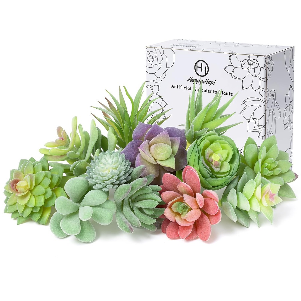 HappyHapi 12 Pcs Artificial Succulents Mini Fake 12 pack, Flocked Green