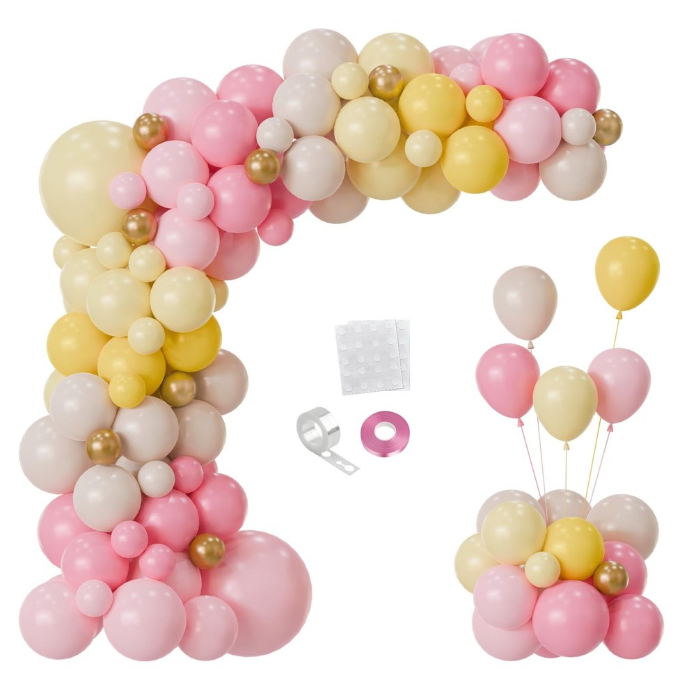 152pcs Pink Yellow Balloon Arch, Pastel Pink Baby Pink Macaron Yellow Ivory W…