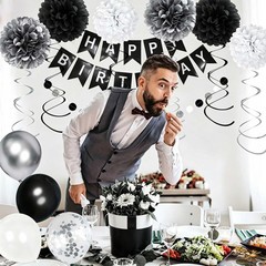 Birthday Decorations for Men, Black and Silver Party Decorations, Black and W…
