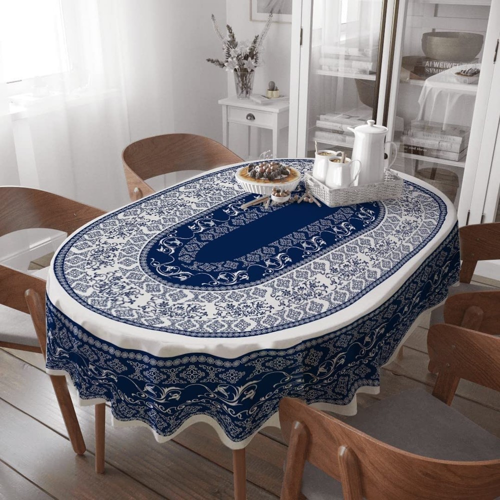 Oval Tablecloth 60×84 Inch, Navy Boho Style Retro Rustic Classic French Polyeste