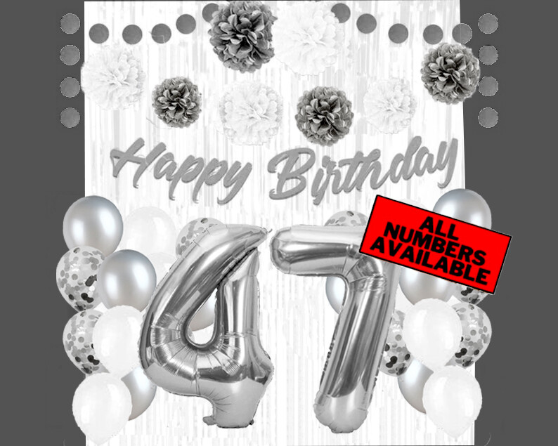 Silver & White 47th Birthday Decorations – 40″ Number Balloons &More-Boy or Girl