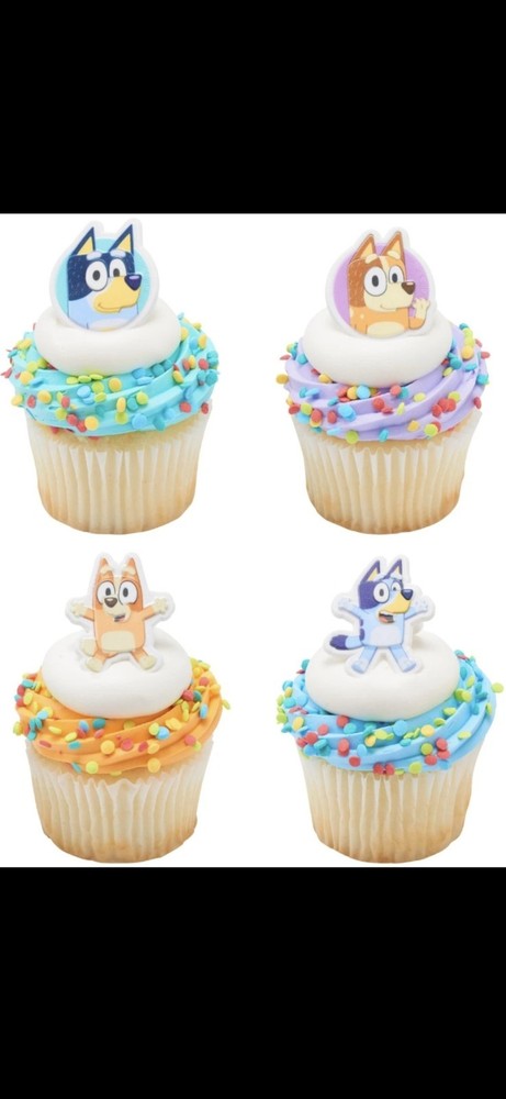 Bluey So Much Fun Rings, 24 Cupcake Decorations Featuring Bluey, Bingo Open Box