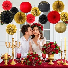 Red Black Gold Party Decorations, 14 Pcs Hanging Fans, Lanterns, Pom Poms – E…
