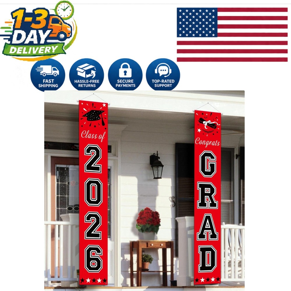 Pre-Assembled Red and Black Graduation Banners for Class of 2026 | 2-Piece Set