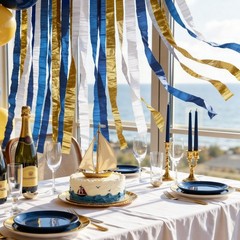 Navy Blue Party Decorations – 6 Rolls Navy Blue Gold Ivory Crepe Paper Stream…