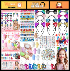 Cat Birthday Party Favors – Sequin Headband, Squishy Toy, Keychain, Stickers & M