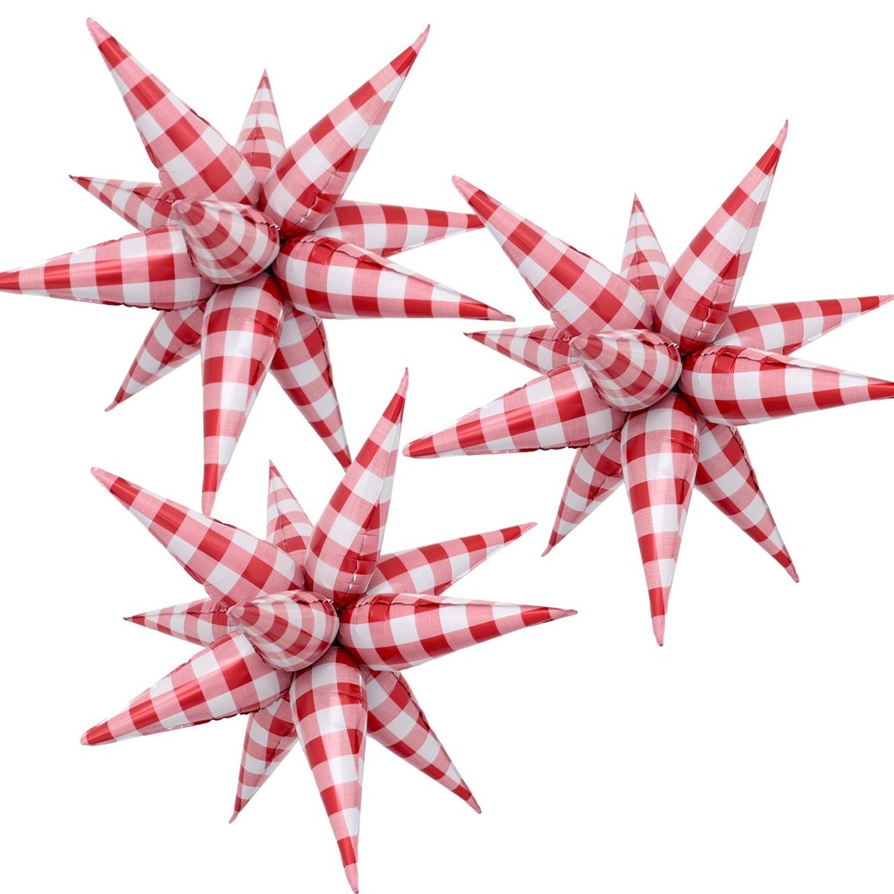 32 Inch Red White Gingham Star Burst Balloons, Red Plaid Checkered Explosion …