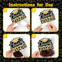 Black and Gold 8 Pieces Graduation Table Decorations, Class of 2026 Congrats Gra