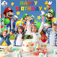 Super Mario Bros. Theme Party Decoration, 5×3.5ft Happy Birthday Backdrop