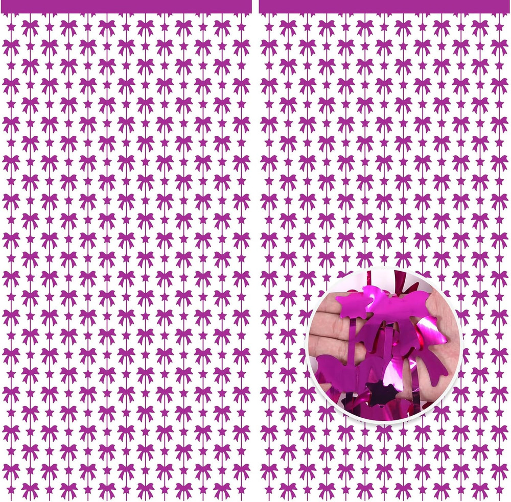 2 Pack Rose Red Bow Foil Fringe Curtains, 3.3×6.6 Ft Metallic Tinsel Backdrop St