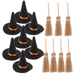 Mini Felt Witch Hats Halloween Gnome Hats Broom Decor Set