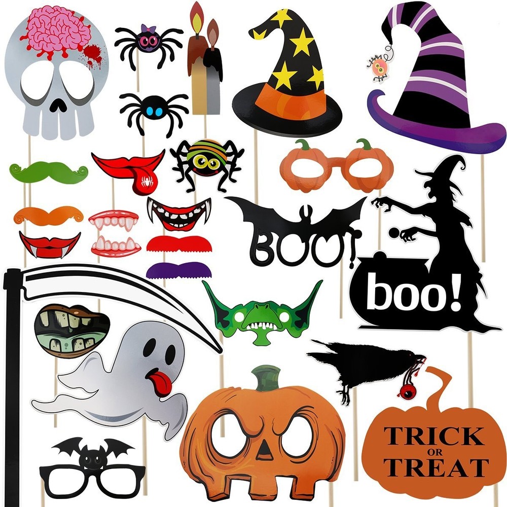 27 PCS Happy Halloween Spooky Trick Or Treat Party Photo Booth Props Decor