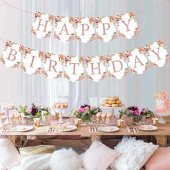 Rose Gold Floral Birthday Decorations – Glittery Happy Birthday Banner for Women