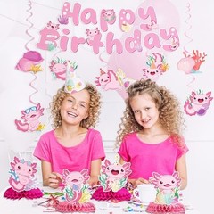 Axolotl Birthday Party Decorations – 12 PCs Pink Cute Cartoon Animals Happy