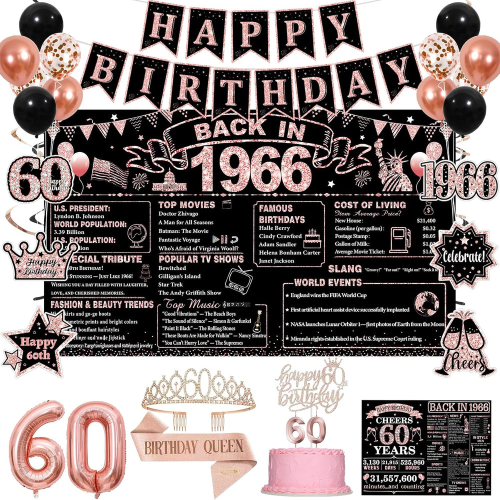 60Th Birthday Decorations, Rose Gold Black Back in 1966 Party Supplies Kit with