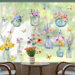 Yovkky Spring Summer Flowers Window Clings 4 Sheets, Potted Plant