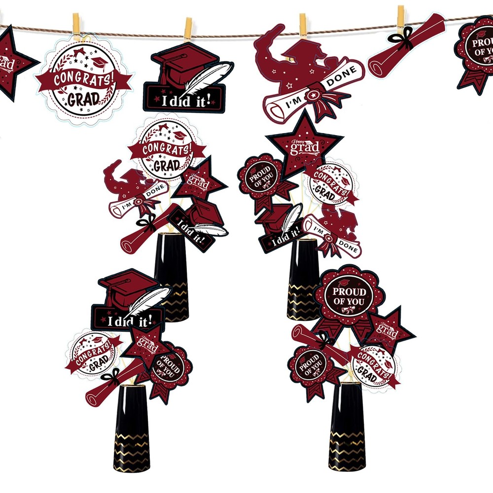 24 PCS Graduation Decorations Maroon Black 2025 Sticks Table Toppers Burgundy