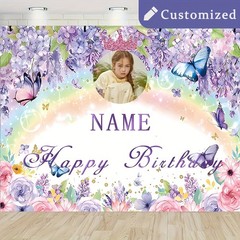 1pc Personalized Purple Flower Butterfly Princess Birthday Poster Tapestry Art ♪
