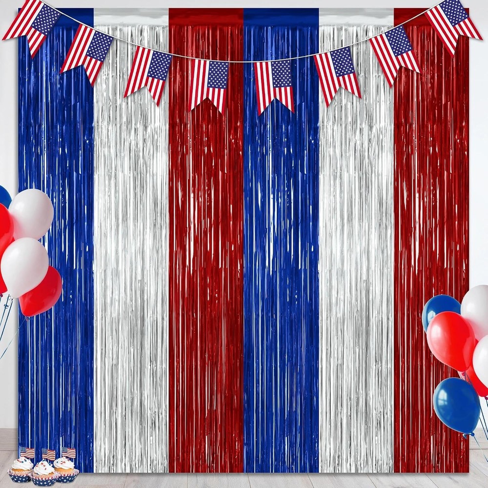 4th of July Decorations 2 Pack Tinsel Backdrop 3.28 FT x 7.05 FT Anniversary