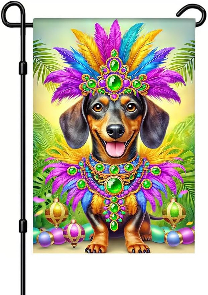 1PC 2D Flat Dachshund Carnival Party Banner with Colorful Feathers Green Jewel N