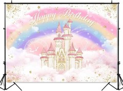 Mocsicka Princess Castle Birthday Backdrop Watercolor Pastel Rainbow Birthday Ph