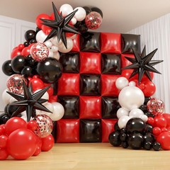 Black and Red Checkered Square Foil Balloons Backdrop Wall, Double Sided Tunn…