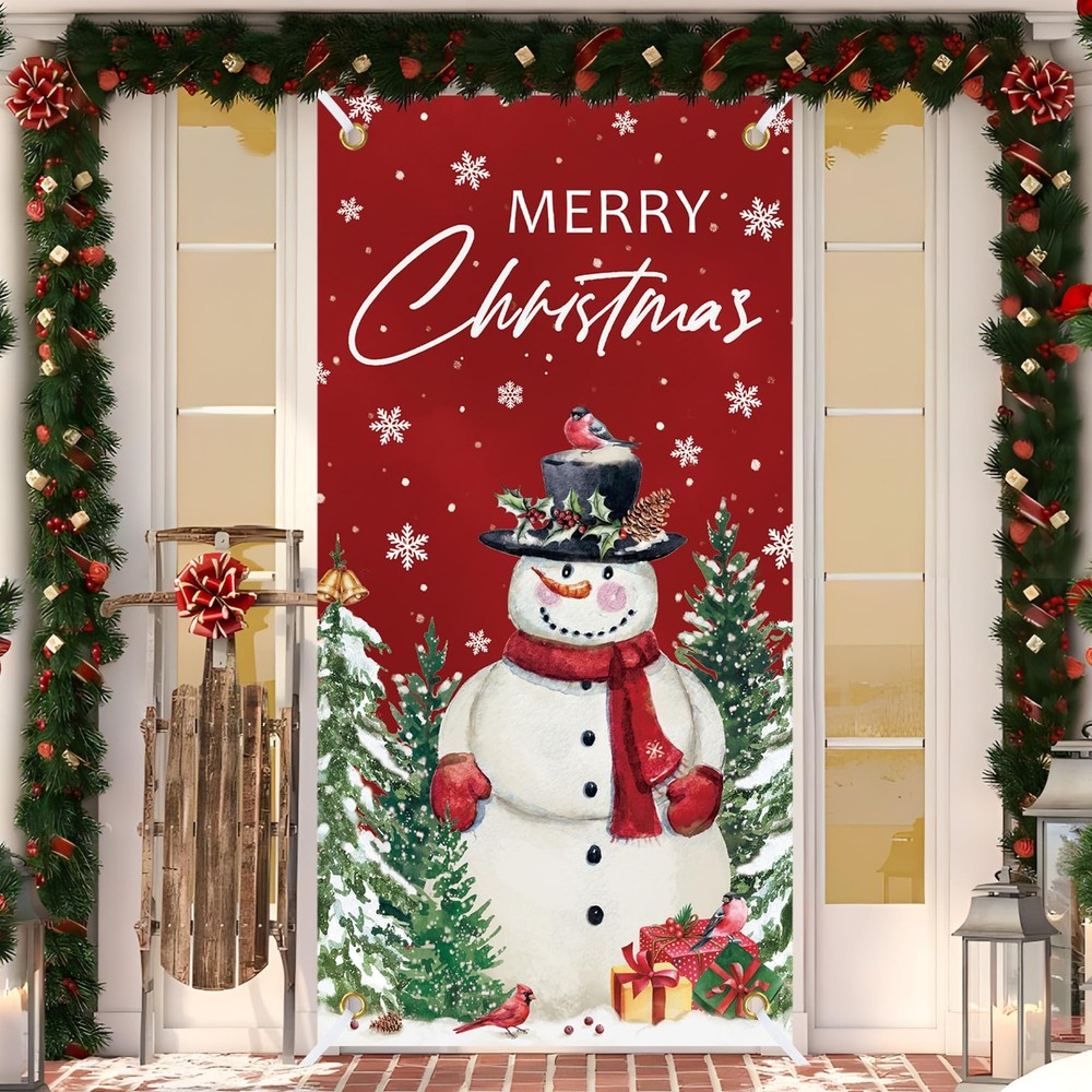 Christmas Front Door Cover Snowman Door Cover Banner Merry Christmas Door Hangin