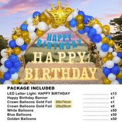 173pcs LED Marquee Birthday Sign with Crown, Gold Foil Balloons & Banner – Party