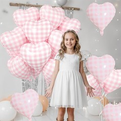 Pink White Checkered Heart Balloons, 10 Pcs Light Pink Grid Heart Shape Ballo…