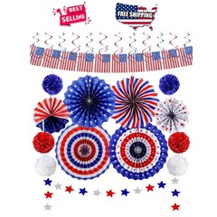 Patriotic Party Decorations 26pcs Hanging Swirls Paper Fans Pom Poms Star Banner