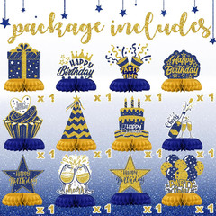 Blue and Gold Birthday Decorations – 12Pcs Honeycomb Table Centerpieces, Elegant