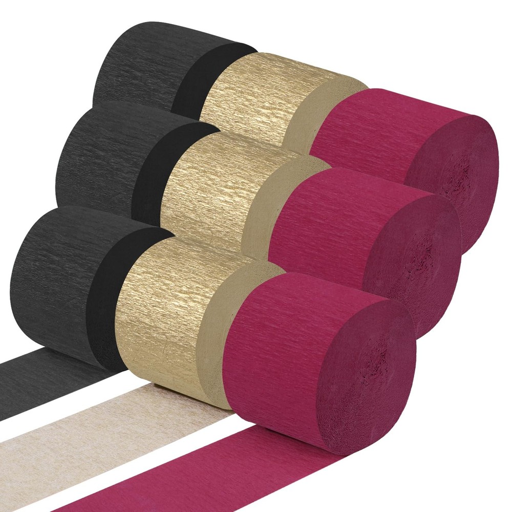9 Rolls Burgundy Gold Black Crepe Paper Streamers 738ft 1.77 Inch x 82 Ft/Roll