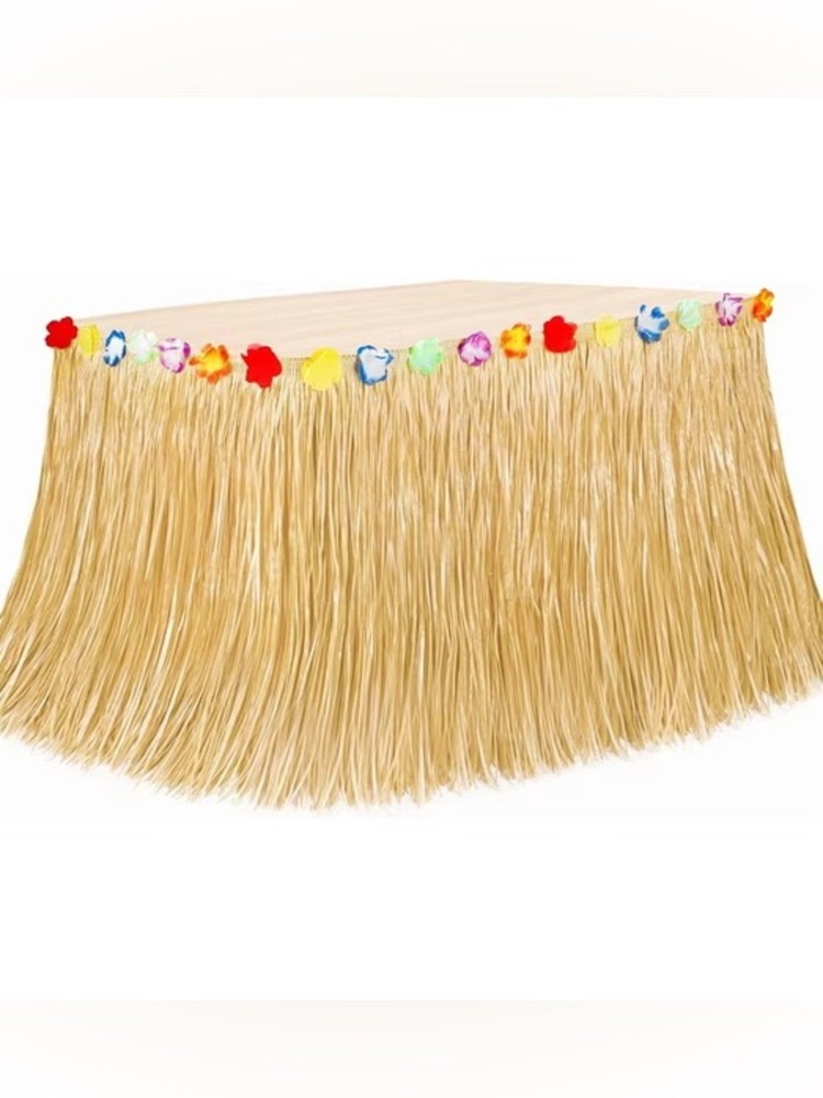 New Tiki Grass Table Skirt with Multicolor Flower Trim – Natural 108”