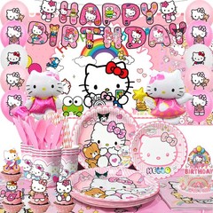 124 Pcs Hello Kitty Party Supplies Plates Foil Balloons Backdrop Tablecloth Cups
