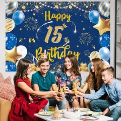 Happy 15th Birthday Backdrop Decorations Blue 15th Blue Gold Background Banner